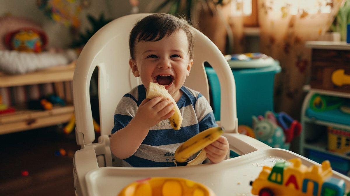 toddler eating banana as a dairy-free snack