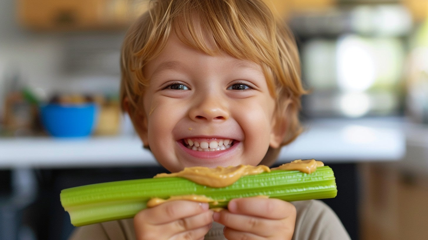 Kid eating peanut butter on celery for fiber